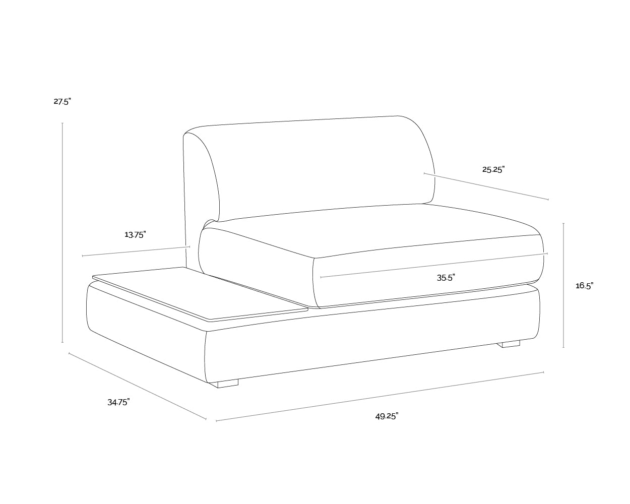 A wireframe image of the product with dimensions shown